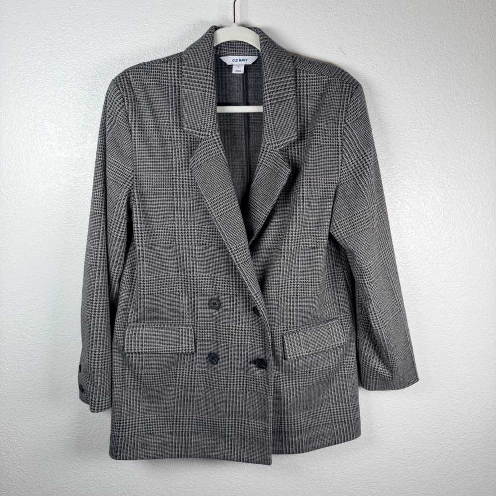 Old Navy Knit Double Breasted Grey Glen Plaid Check Blazer Jacket Oversized S
